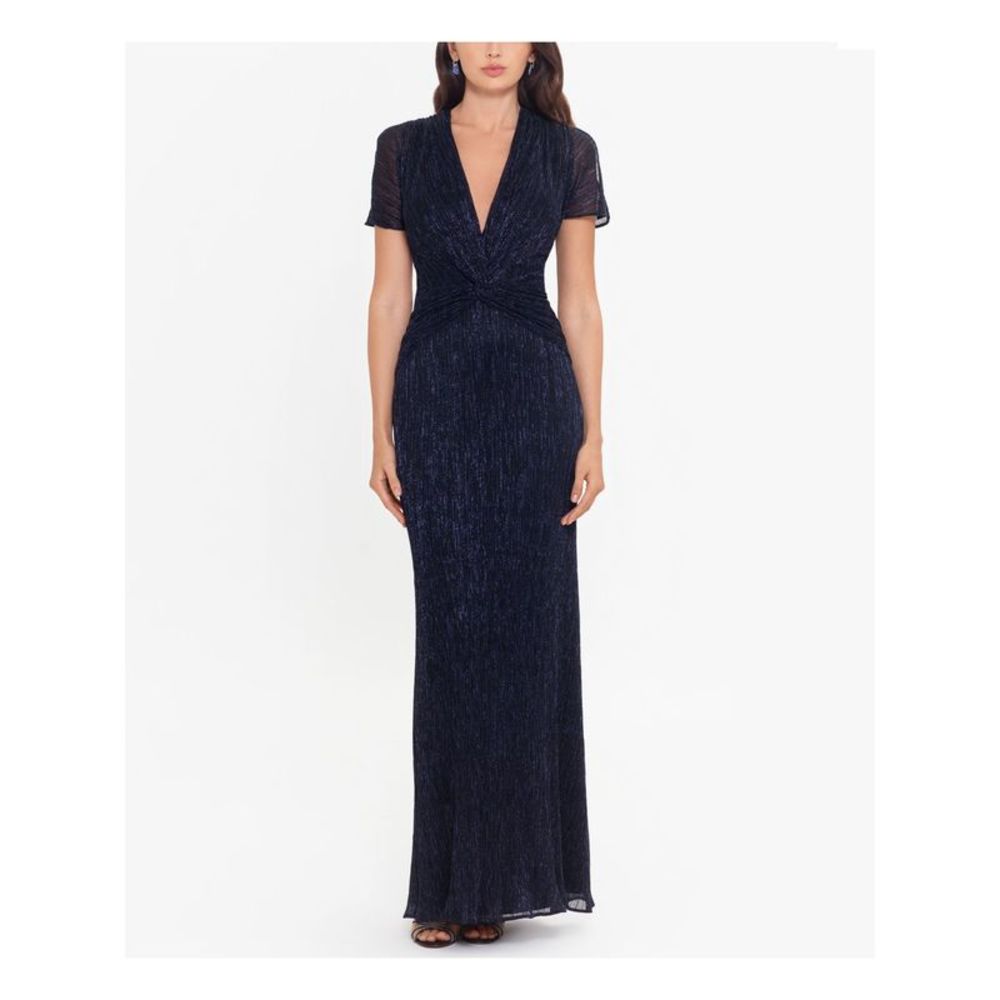 XSCAPE Womens Navy V Neck Full-Length Evening Sheath Dress 10